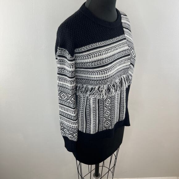 White + Warren Black / White Southwest Print Color-Block Fringe Crew Sweater XS - Picture 3 of 8